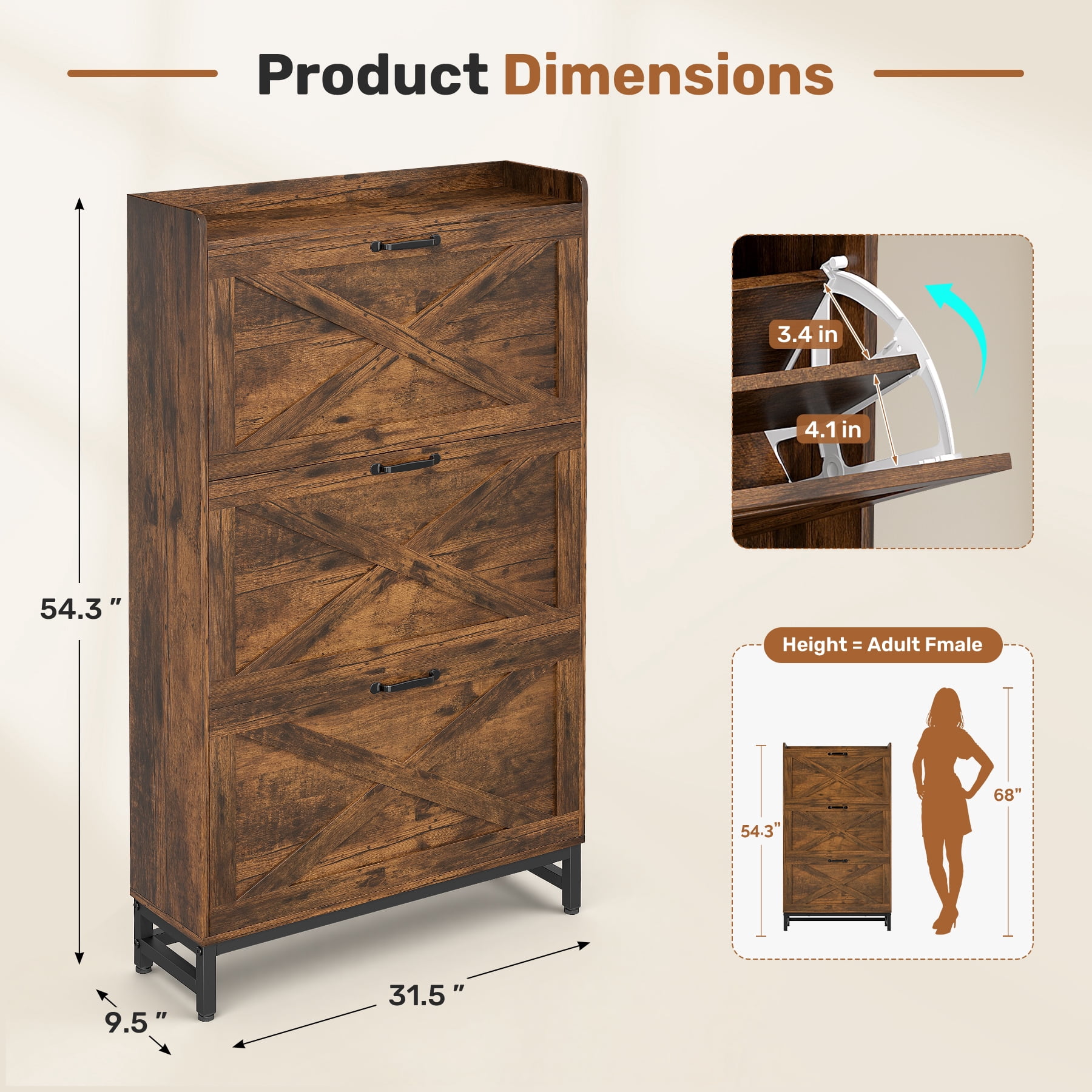 MOONMISS Shoe Storage Cabinet with 3 Flip Drawers and Open Storage,Rustic Wooden Shoe Organizer for Entryway Hallyway