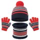 thumbnail image 1 of Conjunto de gorro y bufanda de invierno para niños de poliéster, a rayas con pompón, 3 piezas, cálido, para niños y niñas, ideal para esquí, patinaje, viajes y colegio, 1 of 3