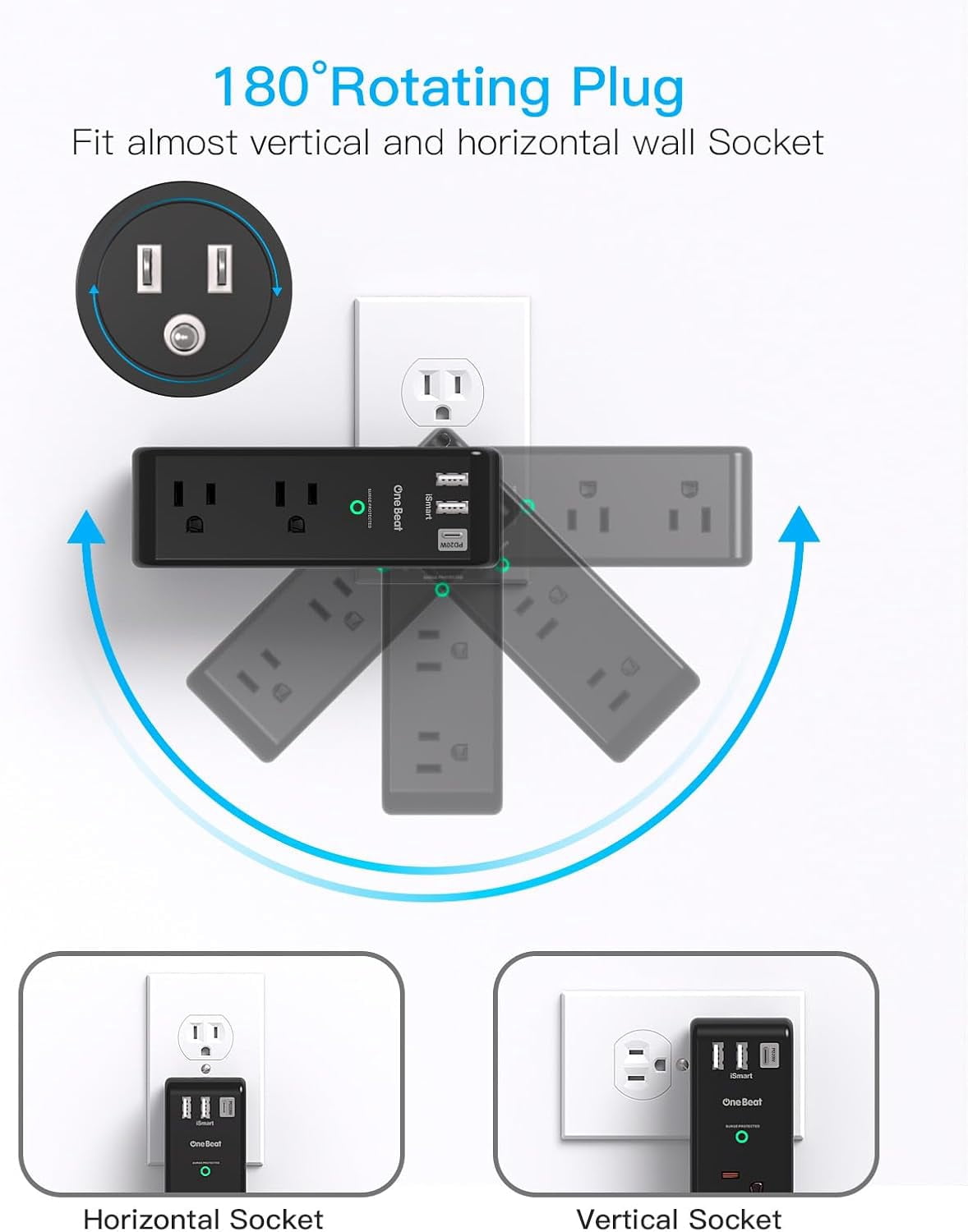 PD20W Surge Protector Outlet Extender, 1800J Rotating Plug, 6 AC Outlets & 3 USB Ports(1 USB C), 3-Sided Wall Power Adapter for Home Office