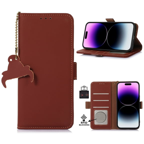 Nalacover for iPhone 14 Synthetic Leather and Soft TPU Case,360 Protection Flexible Luxury Magnetic RFID Flip Wallet Card Slots Kickstand Shockproof Cover with Cute Pendant.Coffee