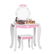Rease Kids Makeup Vanity Set with Mirror and Lights, Girls Makeup Vanity Desk with Stool & Storage & Wing Pattern, Princess Makeup Dressing Table and Chair Set for Toddlers, White