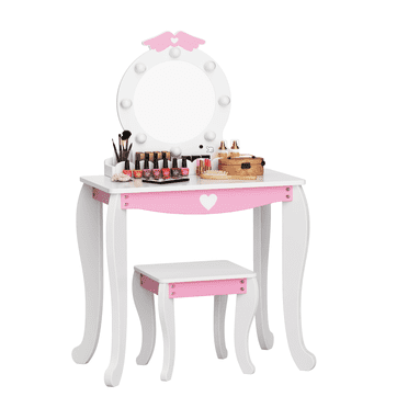 Rease Kids Makeup Vanity Set with Mirror and Lights, Girls Makeup Vanity Desk with Stool & Storage & Wing Pattern, Princess Makeup Dressing Table and Chair Set for Toddlers, White