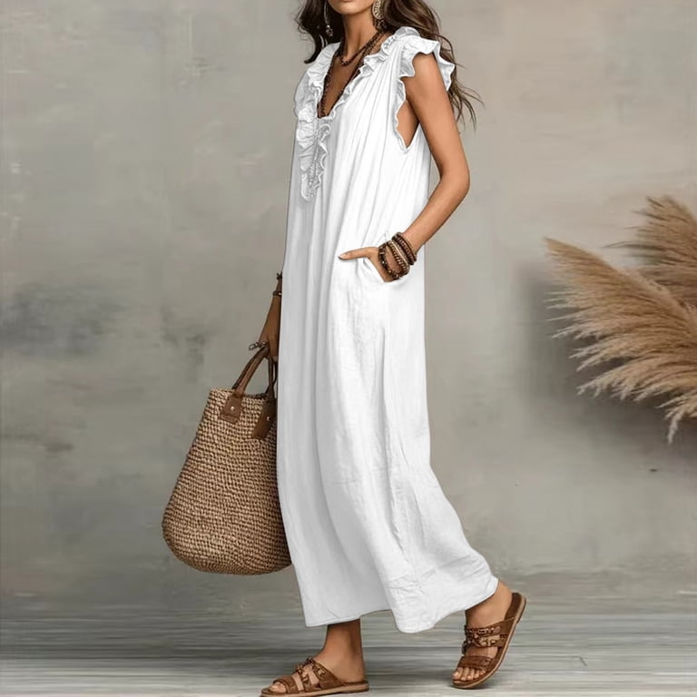 ladies linen summer dresses For Women V Neck Ruffle Sleeve Maxi Dress Cotton Loose Beach Flowy Long Sundress with Pockets XL Condition_Pre-Owned
