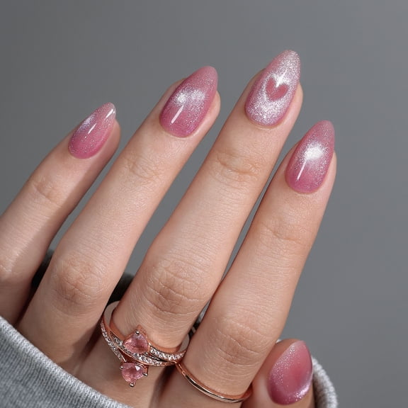 SHANGMENG Pink Cat Eye Soft Gel Press on Nails Short Almond, Glitter Love Heart Valentine Fake Nails Press ons for Women, 32PCS Reusable Fake Nails Kit with Glue,Romance Pink