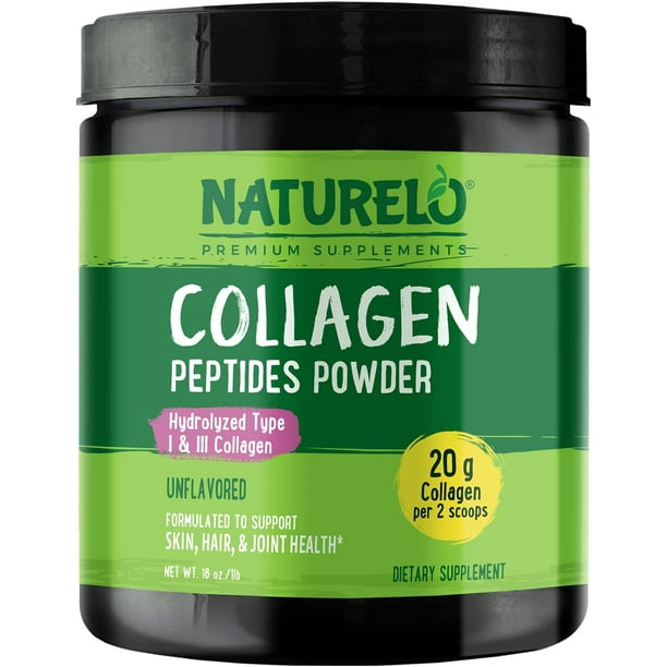 NATURELO Collagen Peptide Powder, Hydrolyzed Collagen Type I & III, Skin Hair & Joint Health