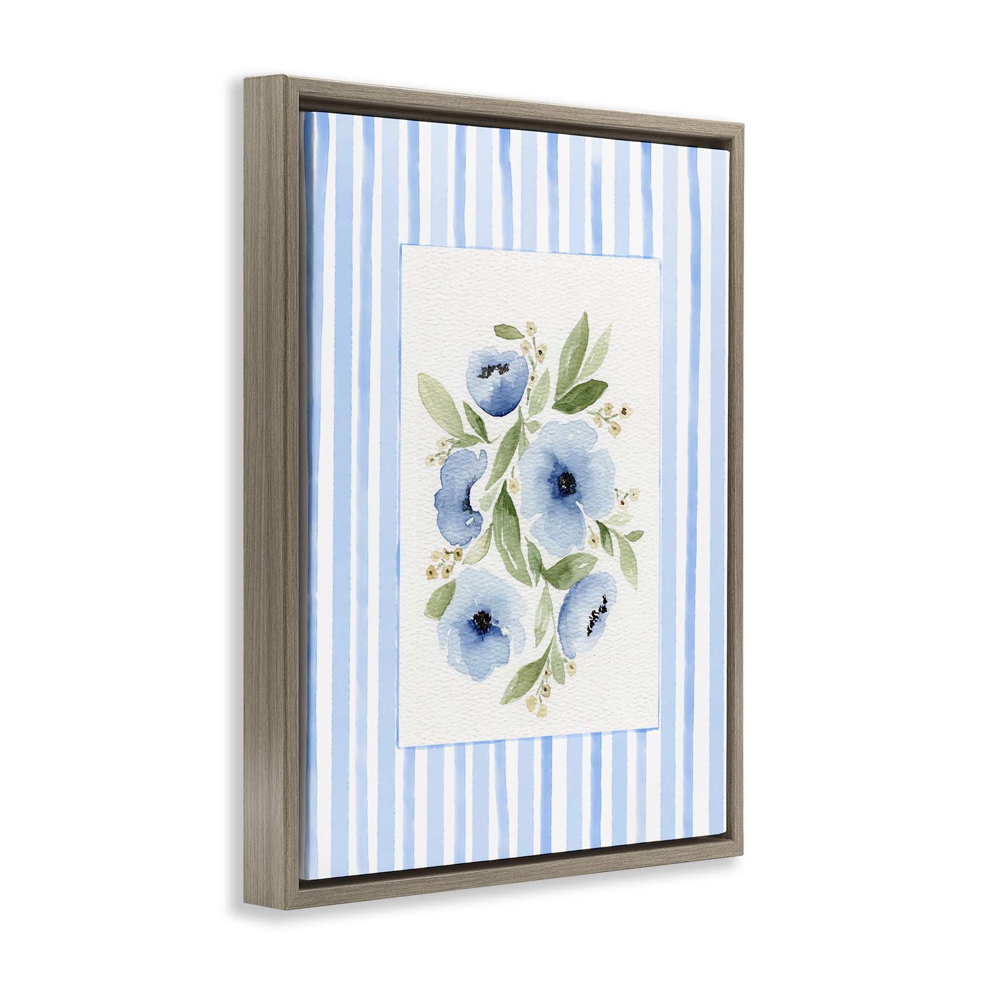 Stupell Industries Flowers With Stripe Border Brown Framed Floater Canvas Wall Art, design by Leah Noel Art