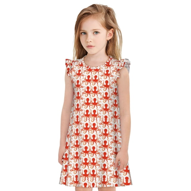 Fotbe Octopuses1 Vestido de Dormir para Niñas de 3 a 10 Años, Mangas Cortas, Estilo Princesa, Pijama Camisón con Mangas Voladas-Large