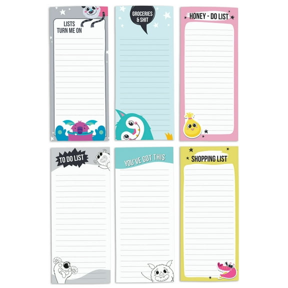 Inkdotpot Pack of 6 Funny Magnetic Dry Erase List For Fridge, Wipe Clean w/ NoStain, Quick Notes Shopping & Grocery List Whiteboard for Fridge, 8.75" x 3.8"(Cute Monster Print)