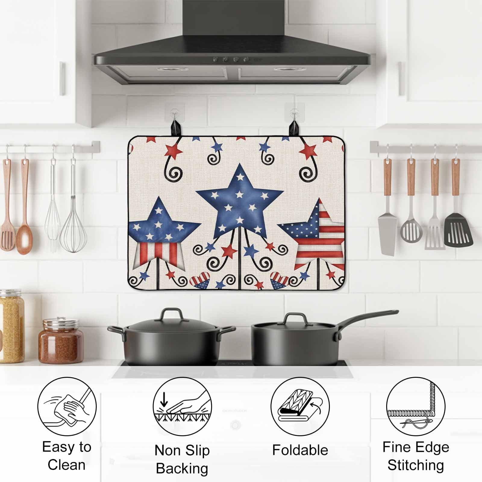 4th of July Stove Top Cover for Electric Stove, Heat-proof & Non Slip Glass Top Stove Cover Protector, Blue Red Star Rustic Independence Day Kitchen Flat Cooktop Rubber Mat 24x21 Inches