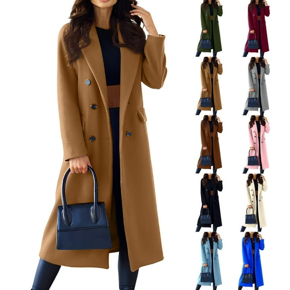 HAJWOH Coats for Women Elegant Classy Double Breasted Trench Coats Notch Lapel Blend Long Jackets Work Overcoat