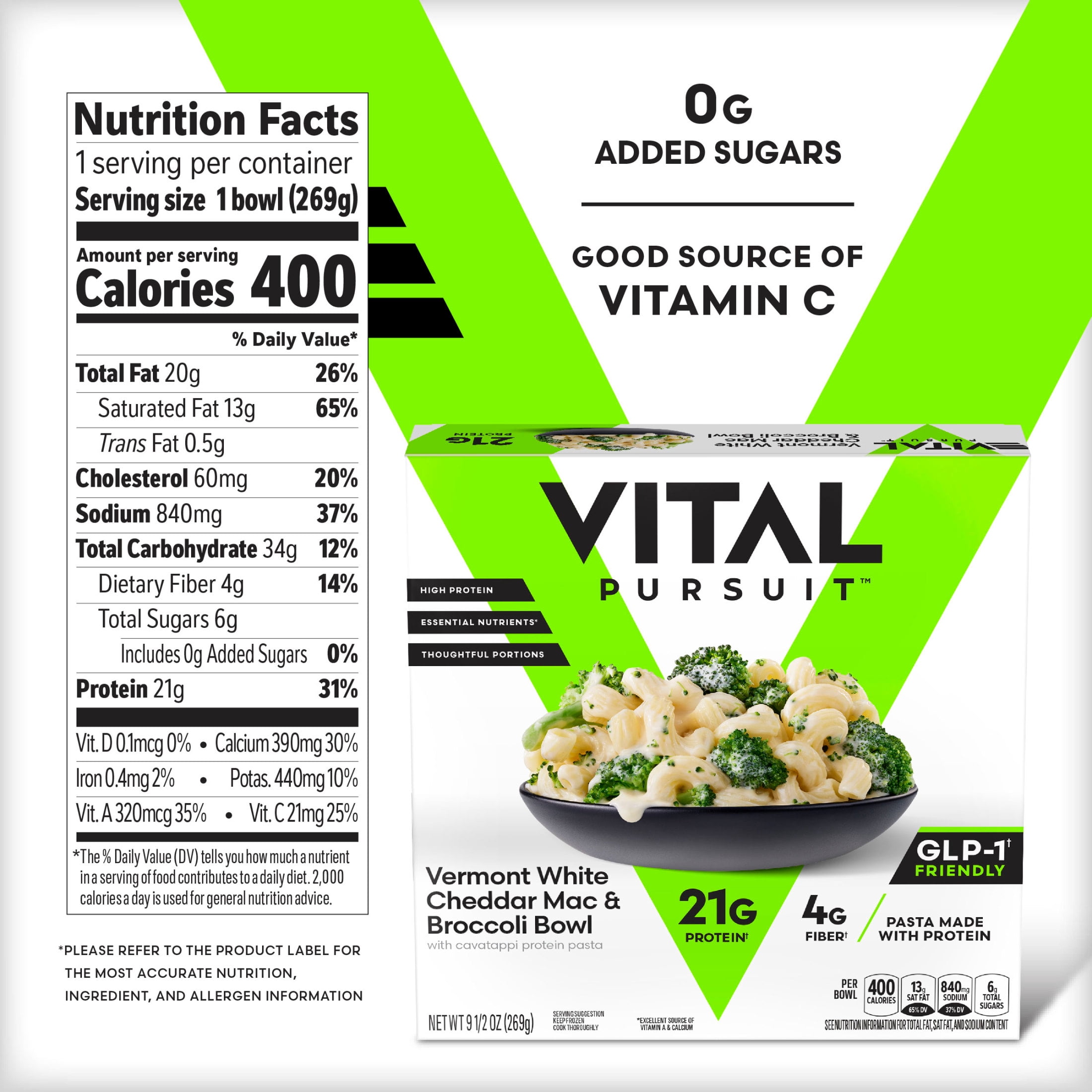 Vital Pursuit White Cheddar Mac & Cheese Broccoli Bowl, High Protein GLP-1 Friendly Frozen Meal, Protein Pasta, 9.5 oz (Frozen)