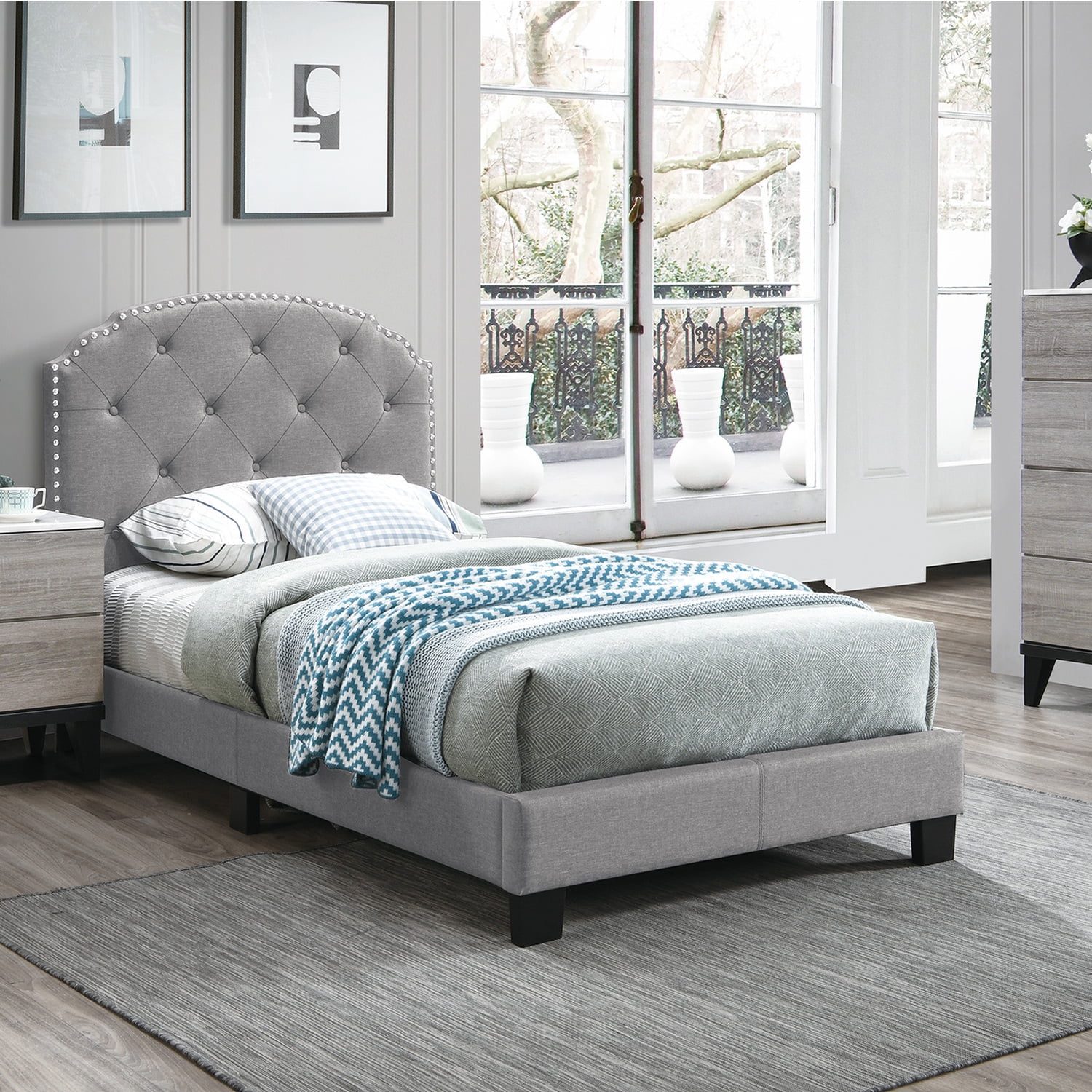 Poundex F9573T Youth Upholstered Bed Frame with Slats in Light Gray Burlap Fabric Twin Size