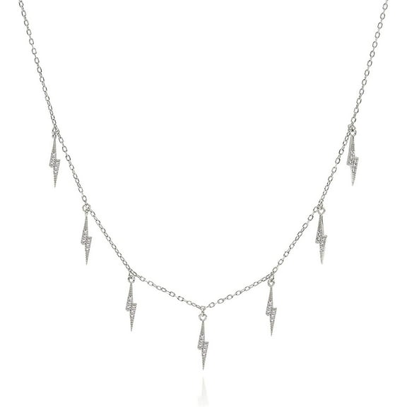 .925 Sterling Silver Gold Plated Lightning Bolt Charm Minimalist Mens Womens Necklace, Micro Pave Cubic Zirconia, Giorgio Bergamo Silver