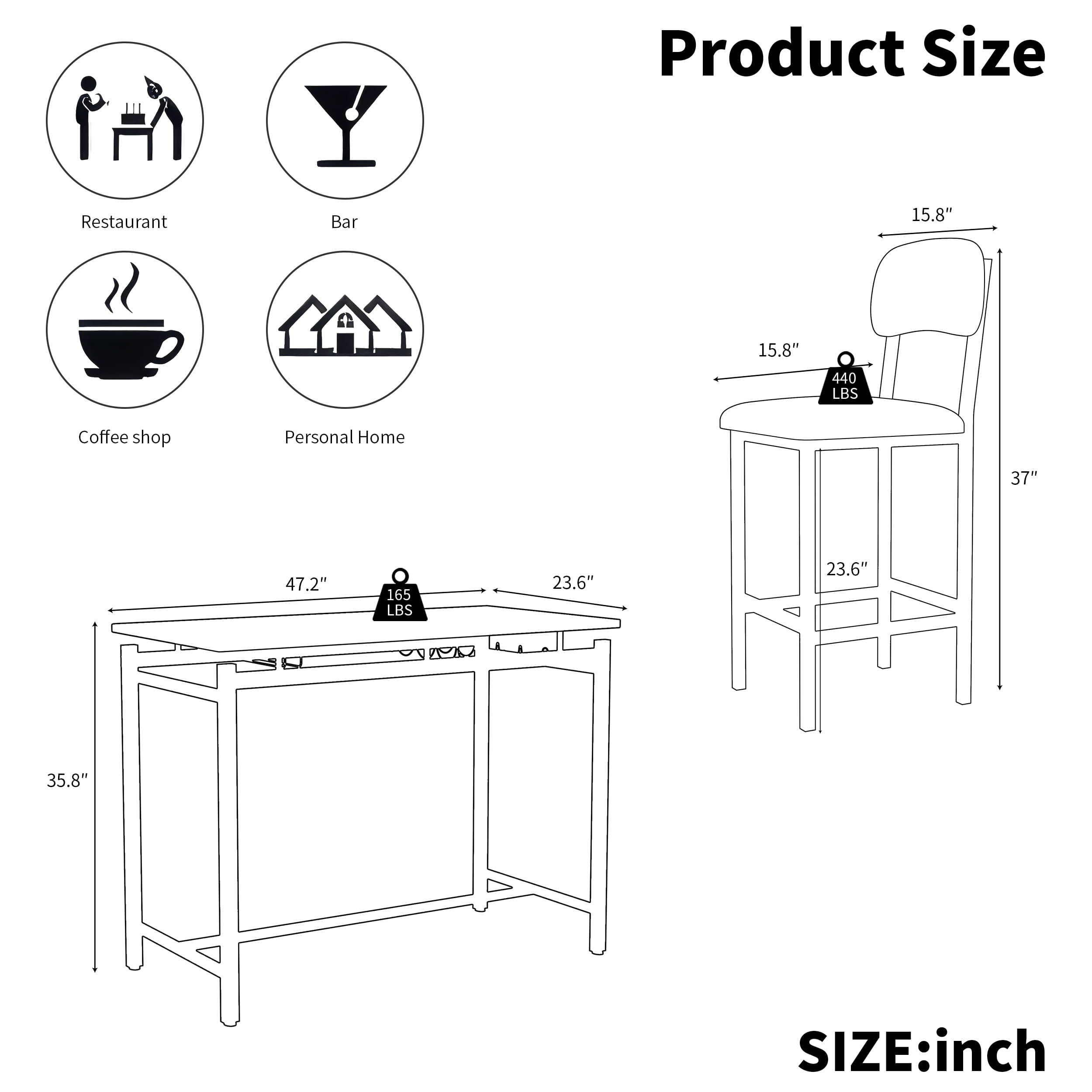 Aukfa Bar Dining Table Set&nbsp;for 2, Kitchen Table Set w/ Wine Rack &Upholstered Chairs for Small Spaces, Black