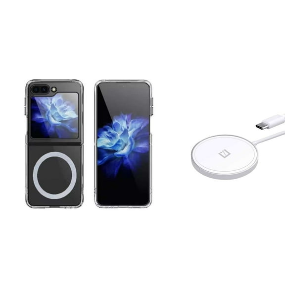 BEMZ Lightweight Slim Protector TPU Hybrid Shockproof Magnetic, MagSafe Case (Transparent Clear) with 15W Magnetic High Powered Fast Charging Wireless Charger for Samsung Galaxy Z Flip 5