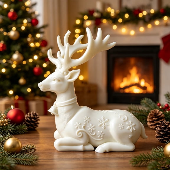 Vikakiooze White Reindeer Figurine, Lying Deer Statue with Snowflake Embossed Matte Finish, Christmas Tabletop Ornament for Mantel Shelf Living Room, Xmas Home Decor