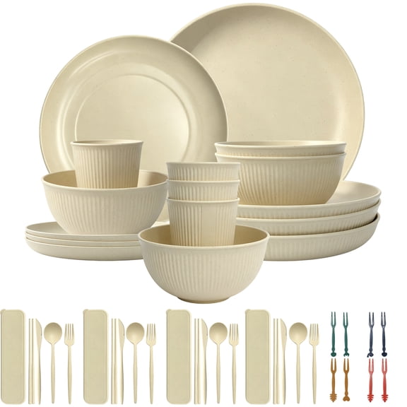 GARITIN Wheat Straw Dinnerware Set Service for 4, Unbreakable Plates Bowls Cups with Cutlery, Reusable Dish Set for Kitchen Camping
