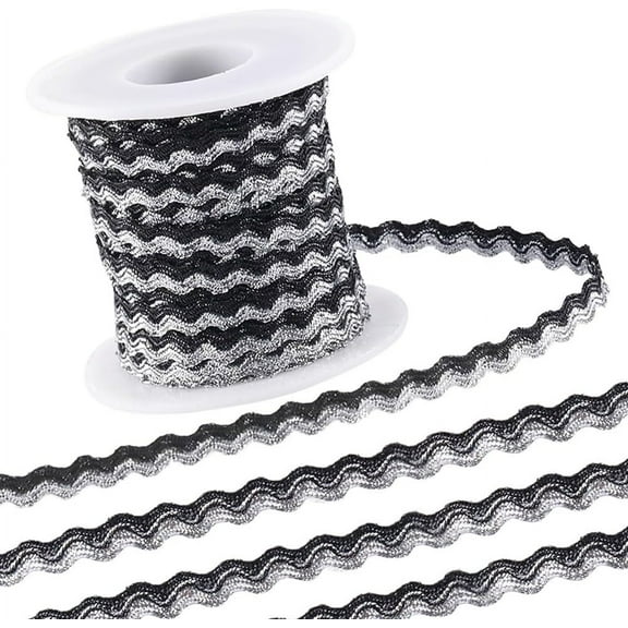 1 Roll 1Pc Sparkle Wavy Polyester Ribbons with 1Pc Plastic Empty Spools Black 1/4 inch(5mm) 16.40~18.59 Yards(15~17m)/Roll