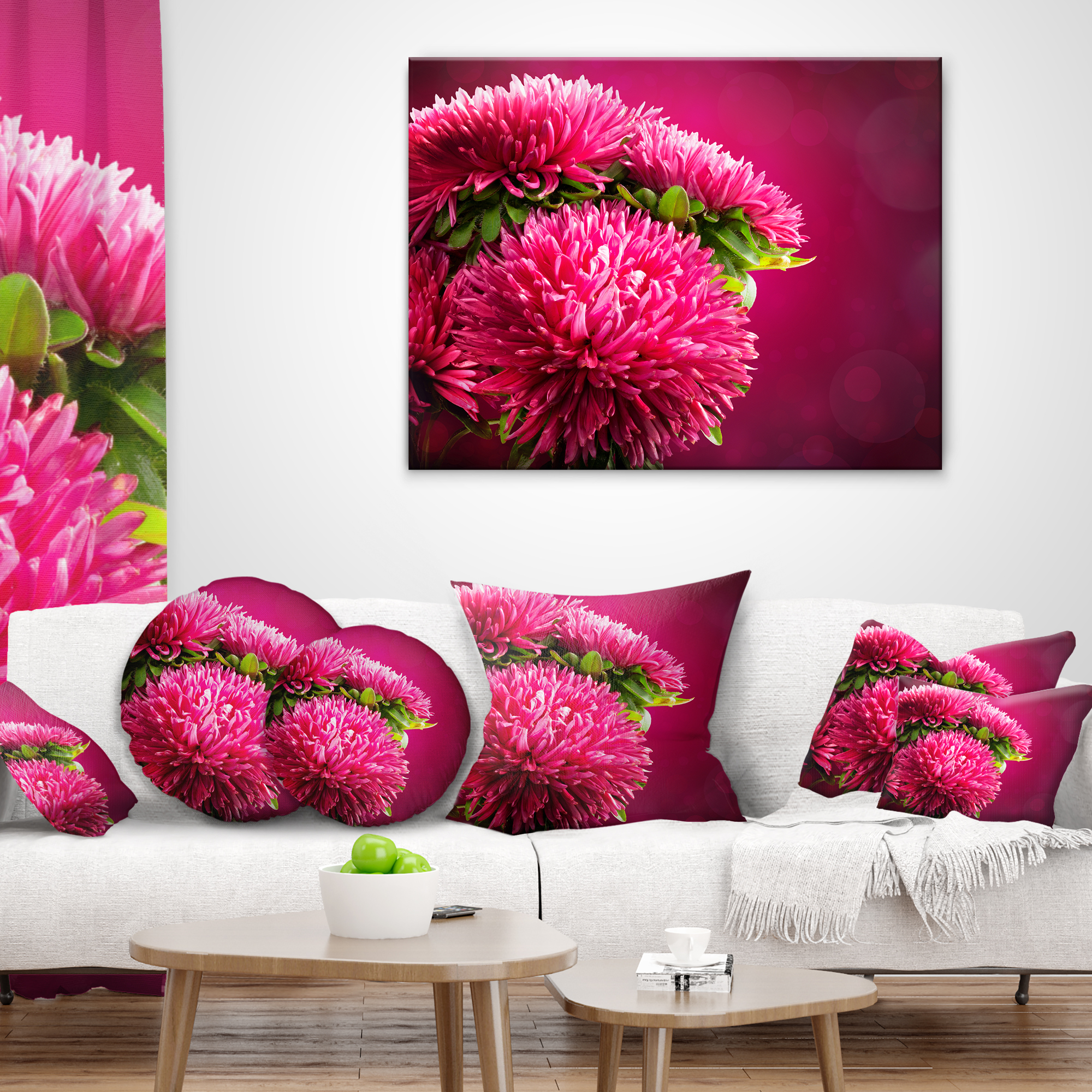 Designart Pink Flowers of Asters on Red - Flowers Throw Pillowwork - 18x18