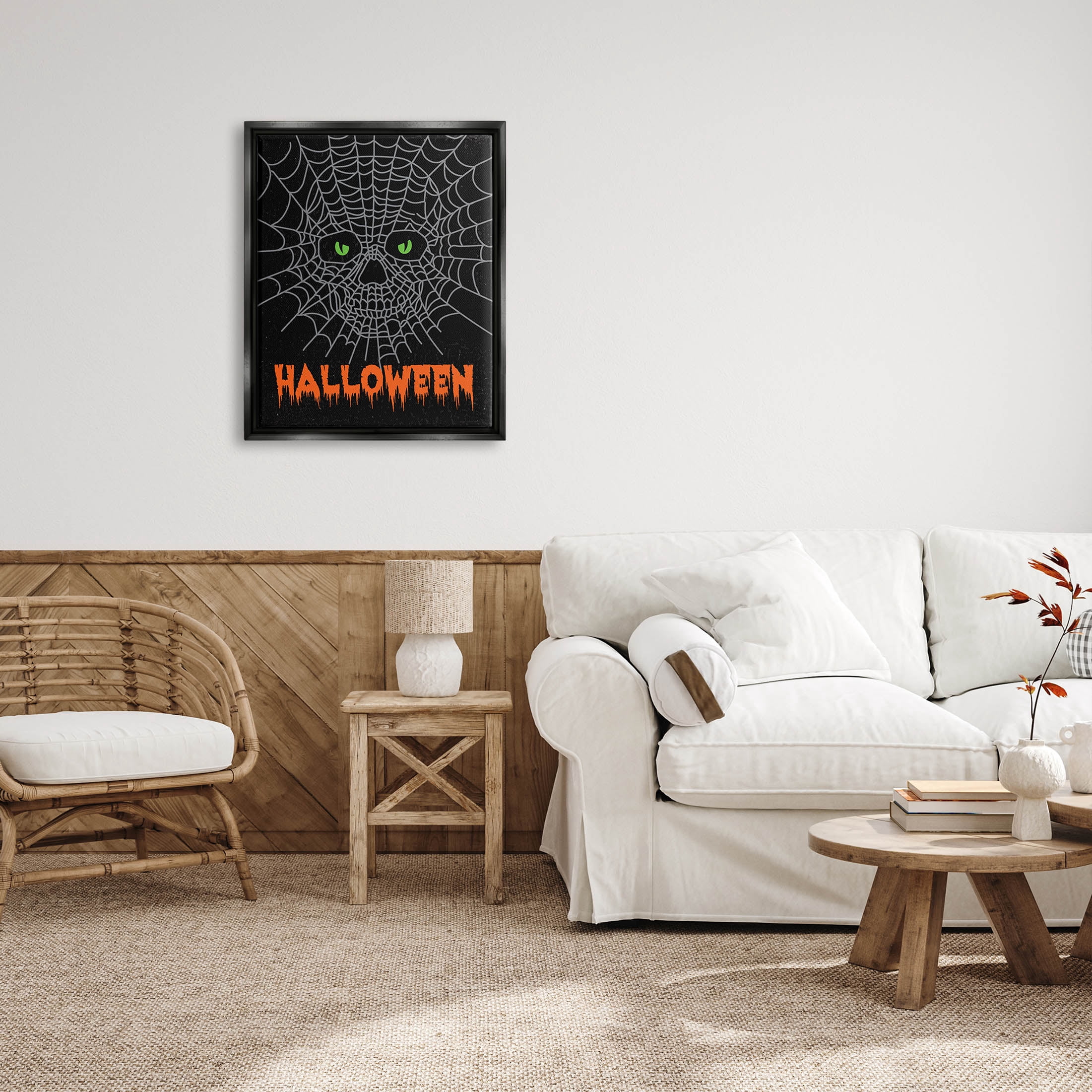 Stupell Industries Spooky Halloween Spider Web Skull Graphic Art Jet Black Floating Framed Canvas Print Wall Art, Design by Linda Birtel