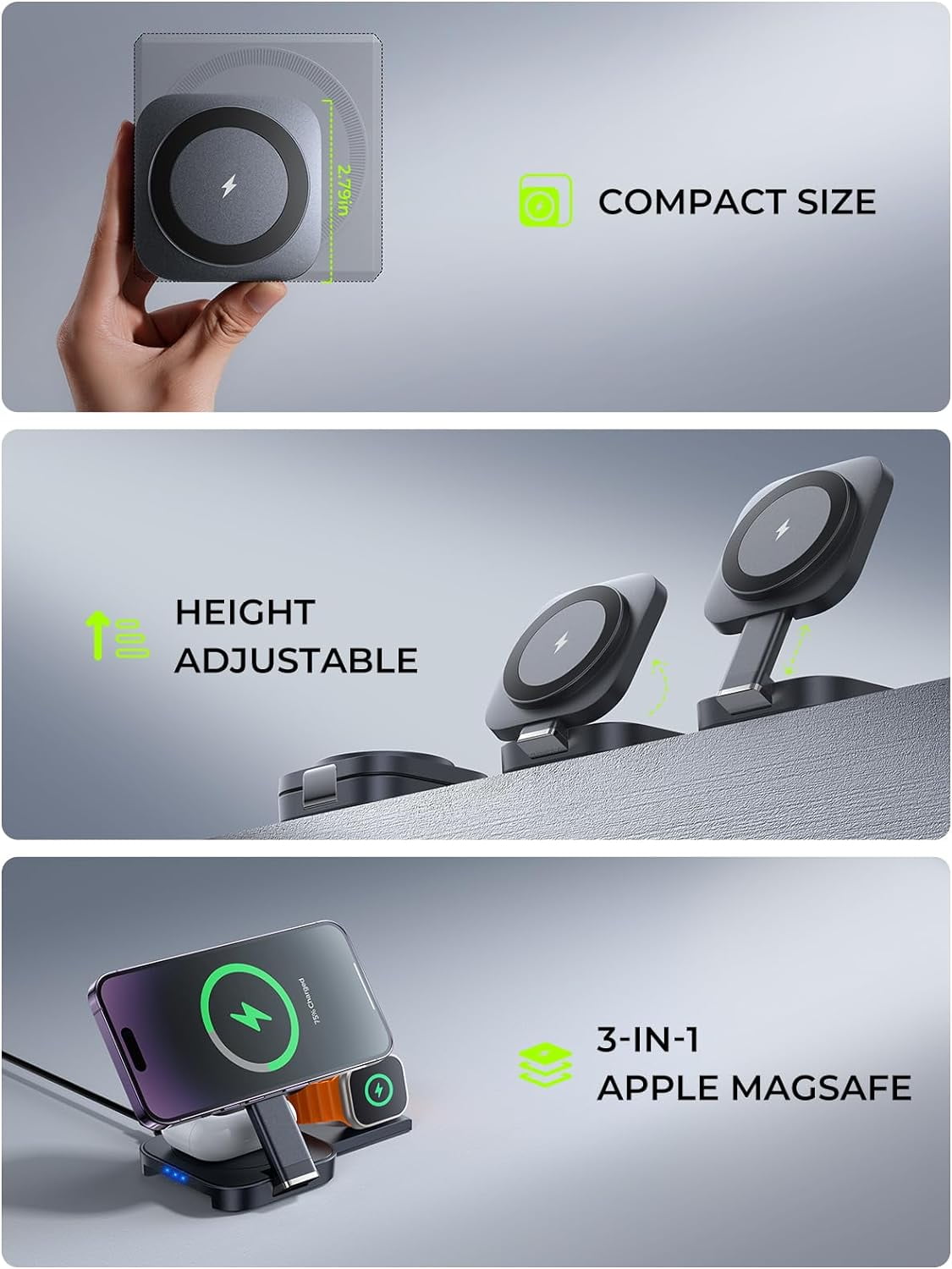 3 in 1 Charging Station for Apple Devices Magsafe Wireless Charger Pad for iPhone, Wireless Charging Station for Multiple Devices Fits iPhone 15 Pro Max Magsafe Charger Airpods I Watch