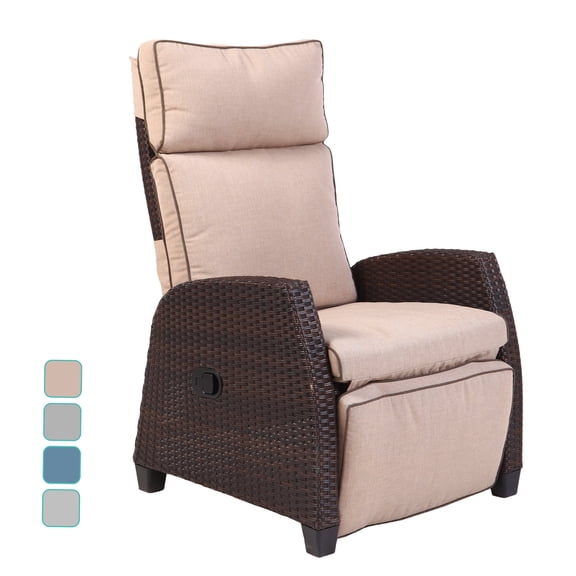 GRANDPATIO Outdoor Lay Flat Recliner with Olefin Cushions Hand-Woven Wicker Adjustable Reclining Chairs for Yard Sunroom Indoor, Beige