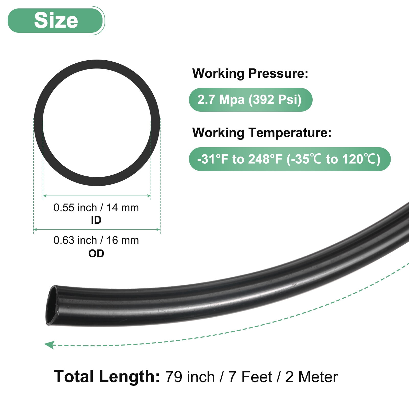 Uxcell Nylon Line Hose Tube, 0.55"(14mm) ID x 0.63"(16mm) OD PA6 Pneumatic Air Line Tubing for Fluid Transfer [2M/7FT, Black]