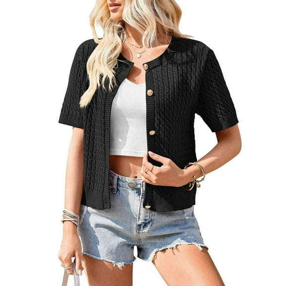 Womens Summer Short Sleeve Cardigan Cable Knit Cropped Button Down Crewneck Sweater Tops Black S