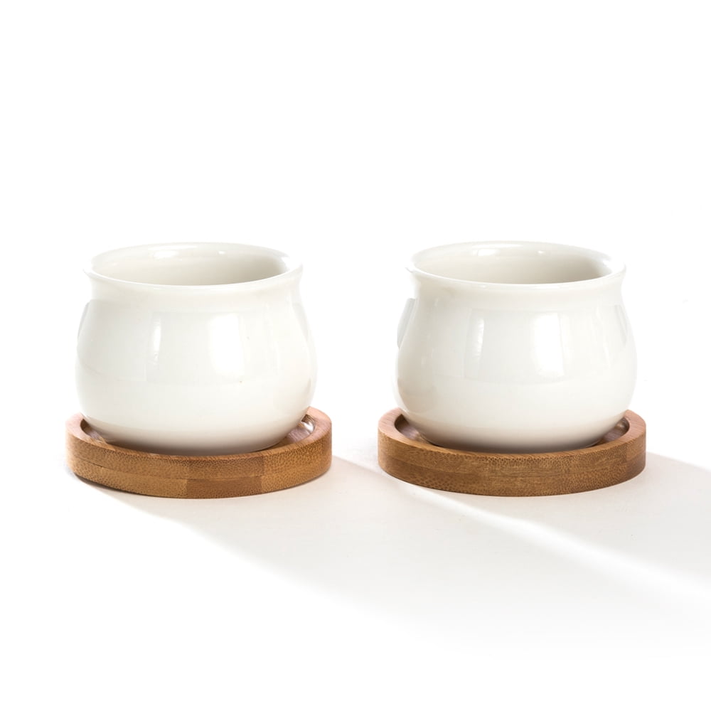 K-Cliffs White Jar Shape Design Ceramic Pots with Bamboo Tray, Set of Pot - 2.75L x 2.75W x 2H inches; Bamboo Saucer - 3.2L x 3.2W x 0.5H inches