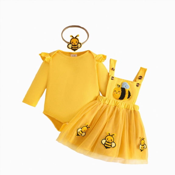 larppty Baby Girl Fall Clothes Long Sleeve Romper Bee Suspender Skirt Headband Infant 3PCS Winter Outfit Sets