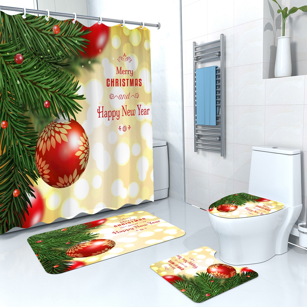4 Pcs Christmas Shower Curtain Set with Rug, Farmhouse Shower Curtain