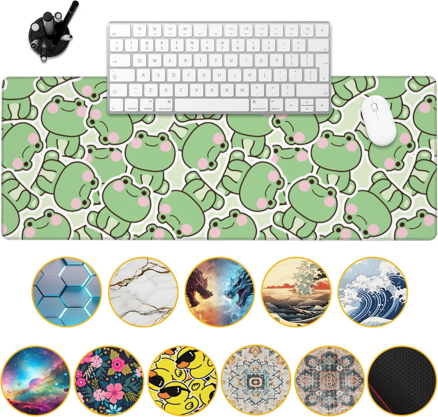 Kawaii Frog Gaming Mouse Pad,Green Cute Desk Mat,31.5""X15.7"" Large Desk Pad with Stitched Edge Non-Slip Base Keyboard Big Mouse Pad for Office Home Work Gaming, WDQ-D09
