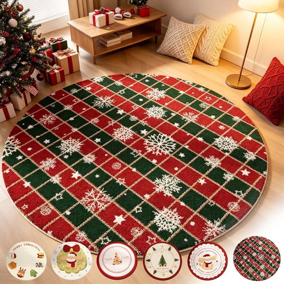 Dmlowu Christmas Round Area Rug, 31.5in Non-Slip Soft Plush Xmas Decorative Carpet for Living Room Bedroom, Christmas Decoraions Outdoor Indoor