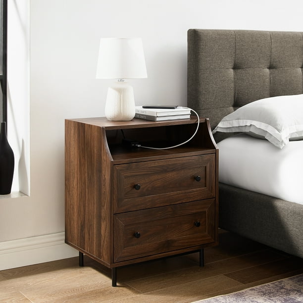 Manor Park Modern 2 Drawer Nightstand with USB Port, Dark Walnut