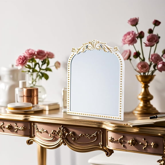 JUNXIAO-Vintage Makeup Mirror Antique Arched Vanity Tabletop Mirrors for Dresser,Baroque Decor Ornate Standing Mirror for Living Room,Desktop,Bedroom 12.1" x 9.8"