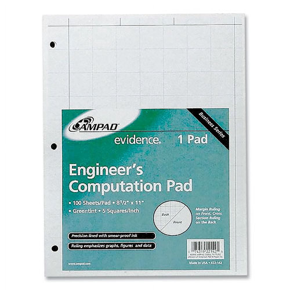 Evidence Engineer's Computation Pad, Cross-Section Quadrille Rule (5 Sq/in, 1 Sq/in), 100 Green-Tint 8.5 X 11 Sheets | Bundle of 5 Each