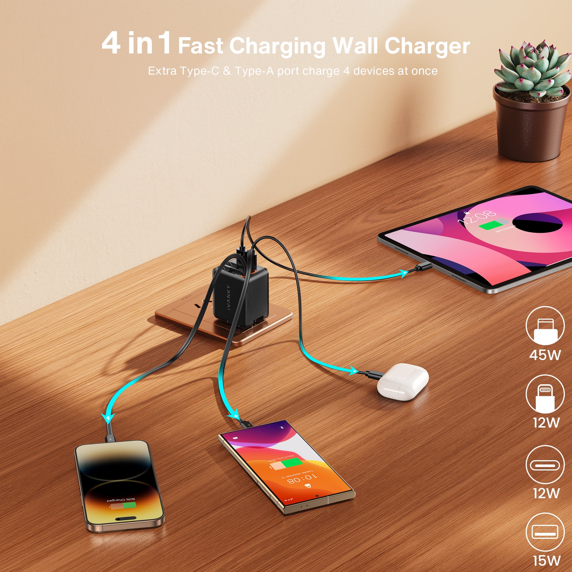4 in 1 45W Fast Charging Retractable Wall Charger with Dual USB C Cables