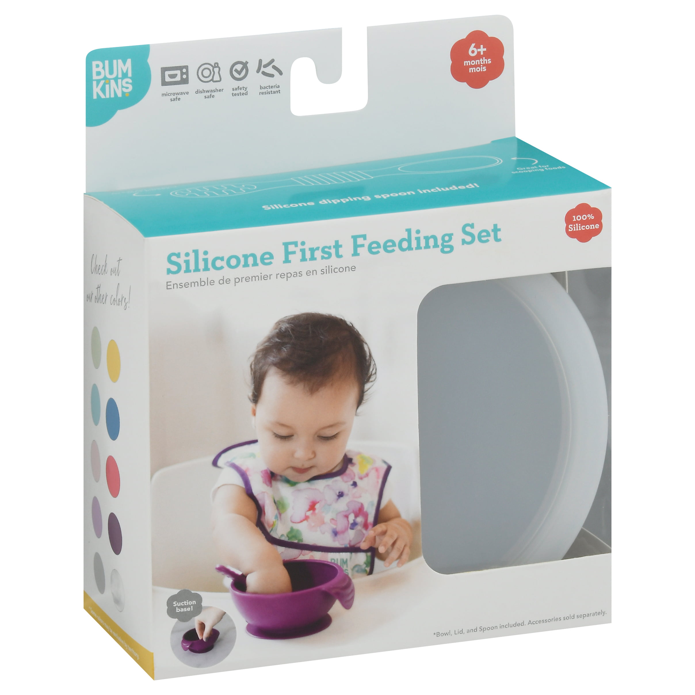 Bumkins Baby Silicone First Feeding Set w/ Lid & Spoon for Ages 6 months+