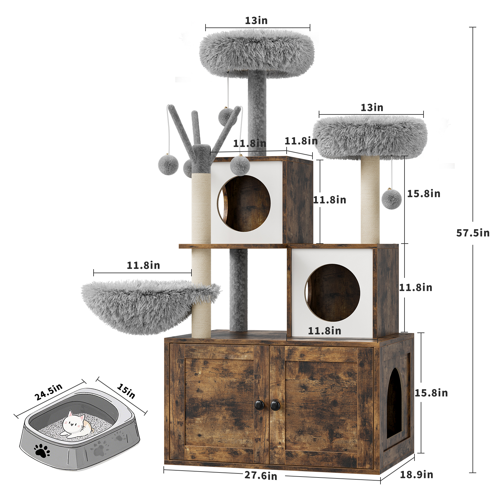 TEQIN Cat Tree with Litter Box Enclosure Furniture,Modern Cat Tower, 53.7’’ H Cat Condo with Sisal Scratching Post and Hammock, Indoor Pet Furniture with Large Platform
