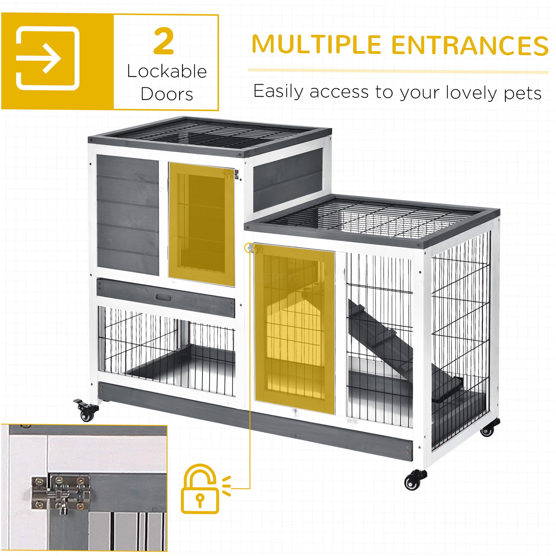 JERFIT Elevated Wooden Rabbit Hutch with Outdoor Run, Wheels & Ramp, Grey Indoor Bunny Cage for Rabbits, Guinea Pigs, Small Animals