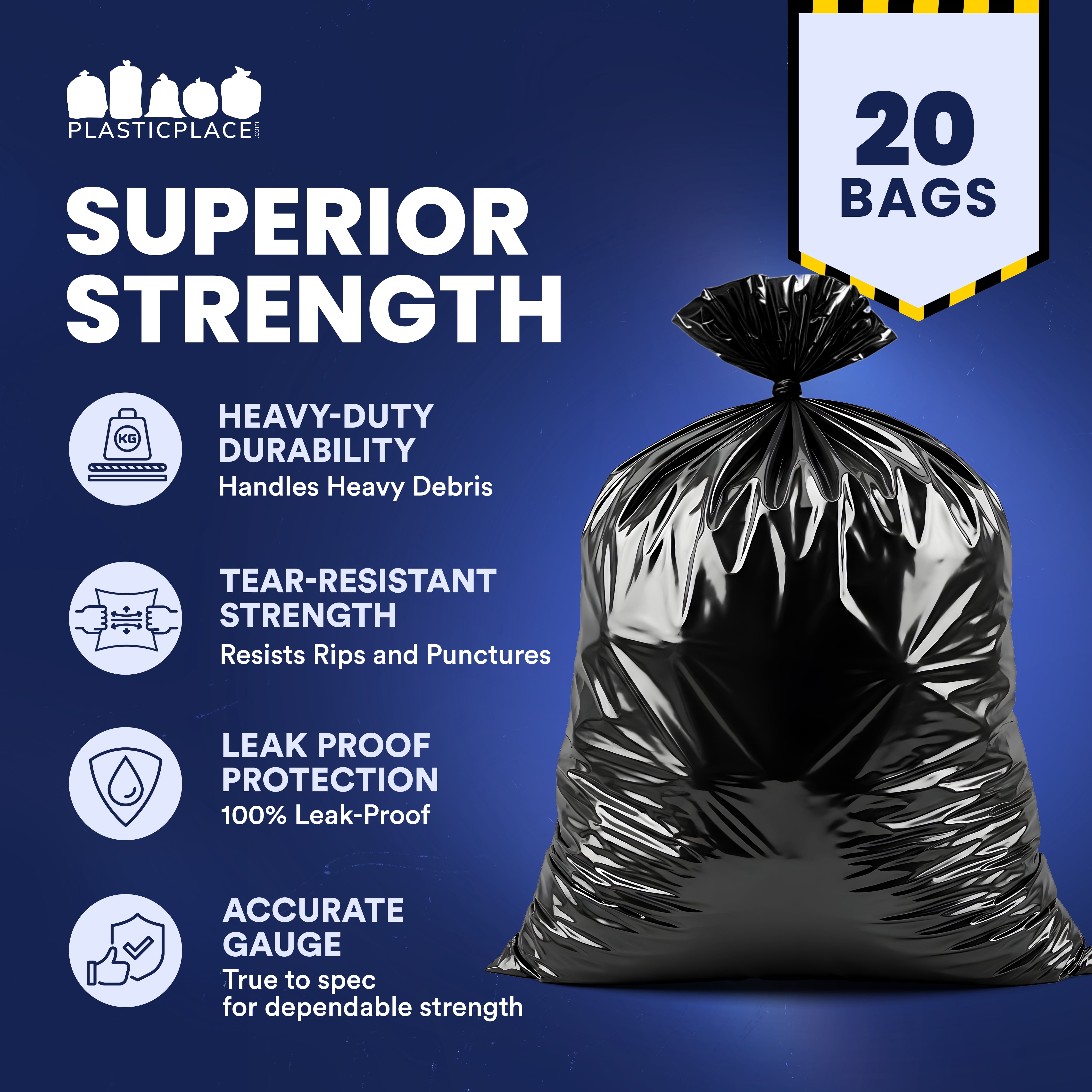 Plasticplace Contractor Garbage Bags: 55 Gallon Trash Bags Heavy Duty, Big Black Trash Bags, 36"x58", 6.0 Mil, Pack of 20