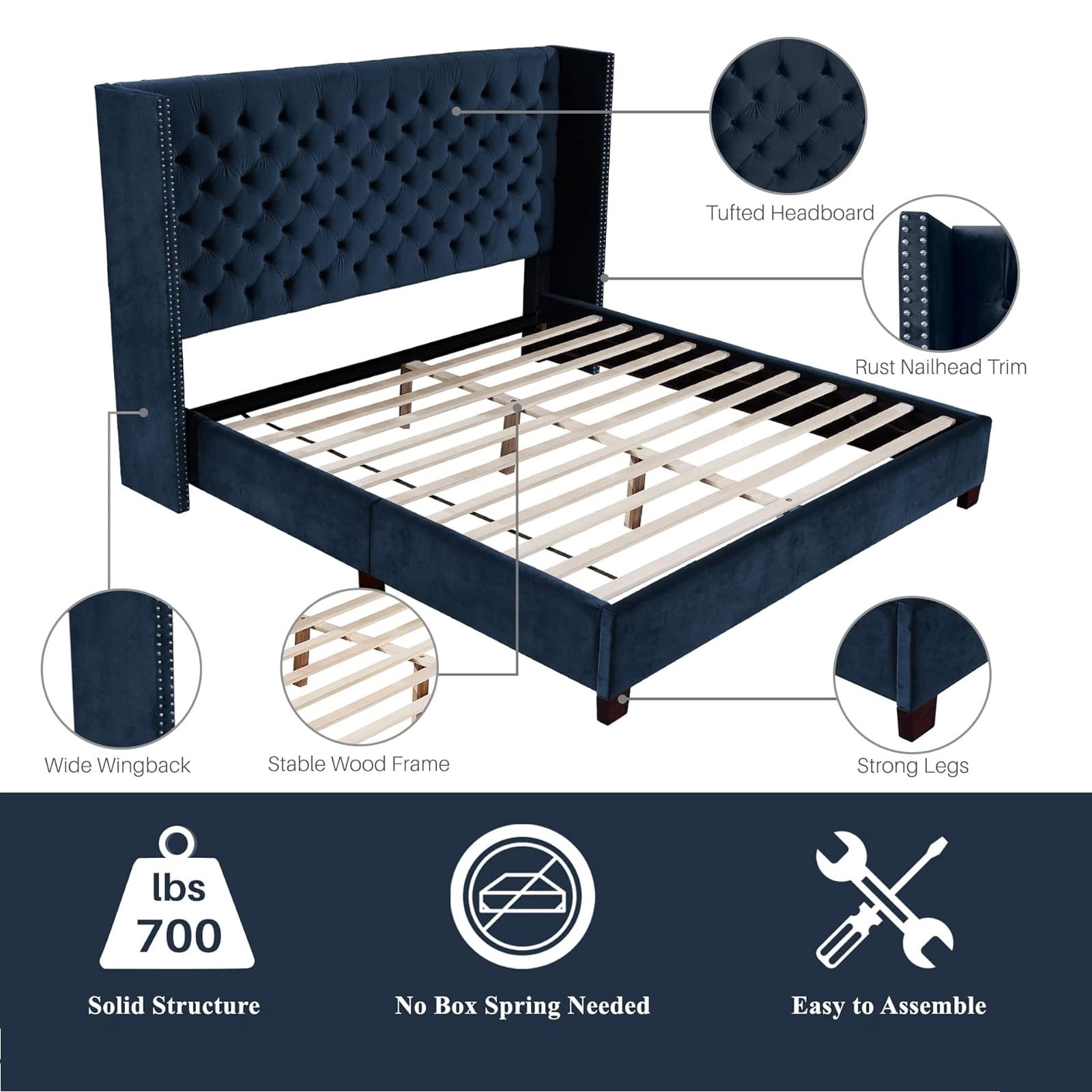 Nathaniel Home, Queen Beds, Upholstered Platform Bed Frame, Low Profile Deep Button Tufting Bed Frames, with Diamond Nailhead Trim Wingback Headboard, Blue