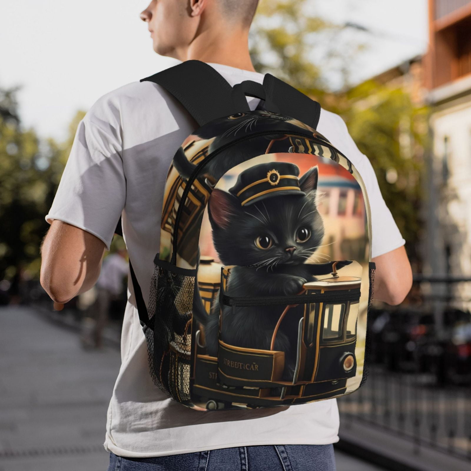 Gukieu Adorable Kitten On Mini Train Print Backpack, Waterproof Backpack with Adjustable Shoulder Straps, Suitable for Campus, Business, Travel, Unisex