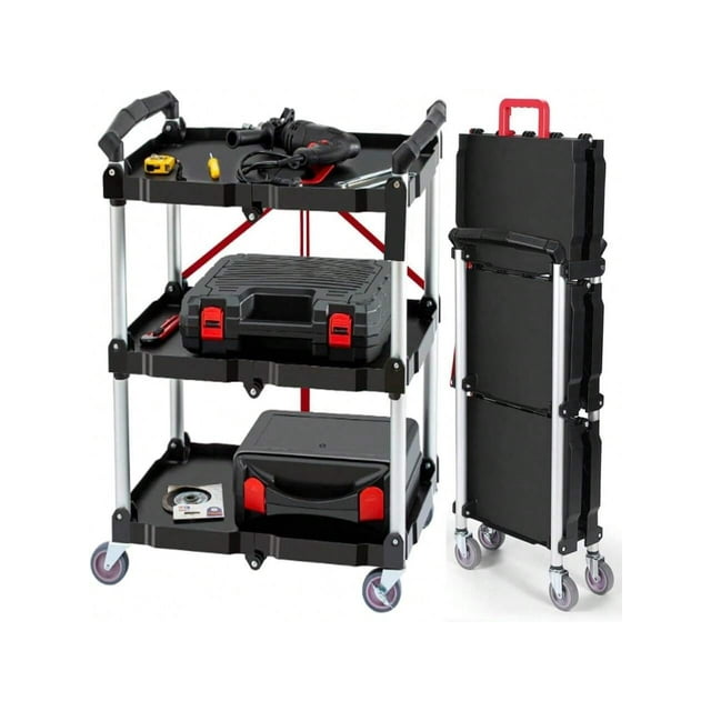 Chariot Utilitaire Pliable à 3 Niveaux, Chariot Roulant Robuste de 165 Lb avec Roues à Freins Pivotants à 360°, Chariot d'Outils de Garage Portable pour Entrepôt, Bureau, Maison