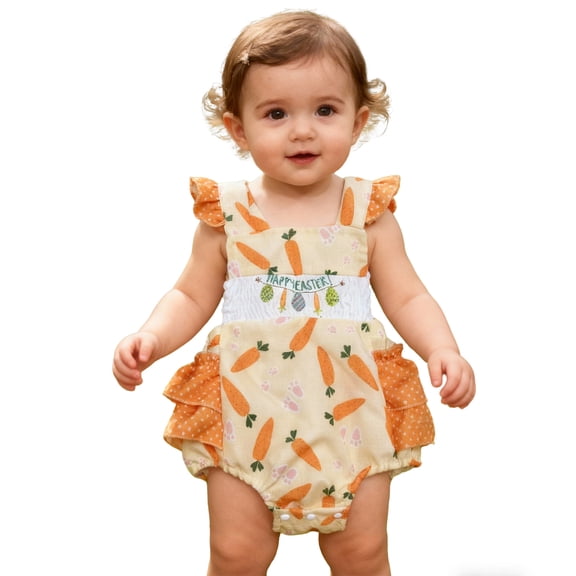 Tisuna Easter Summer Bodysuit For Baby Girls Cartoon Carrot Print Ruffled Sleeve Square Neck Romper Cute Soft Baby Kids Festival Jumpsuit Clothes Yellow Size 9-12 Months