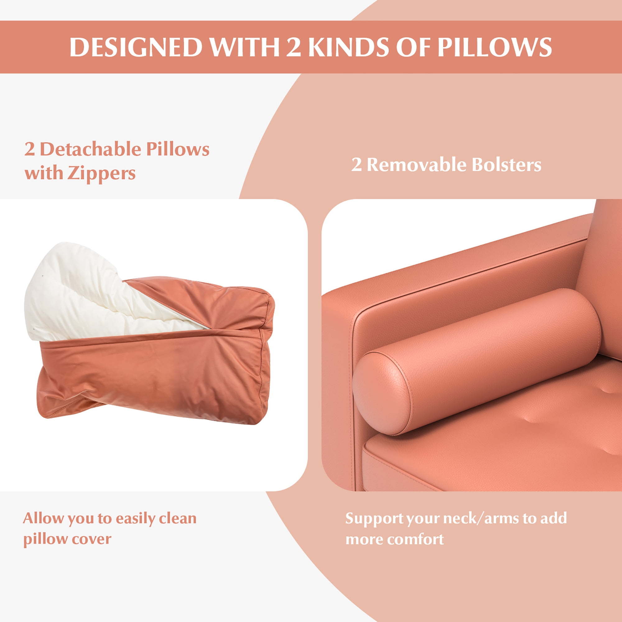 Costway Modern Loveseat 2-Seat Sofa Couch w/ 2 Bolsters Side Storage Pocket Coral Pink