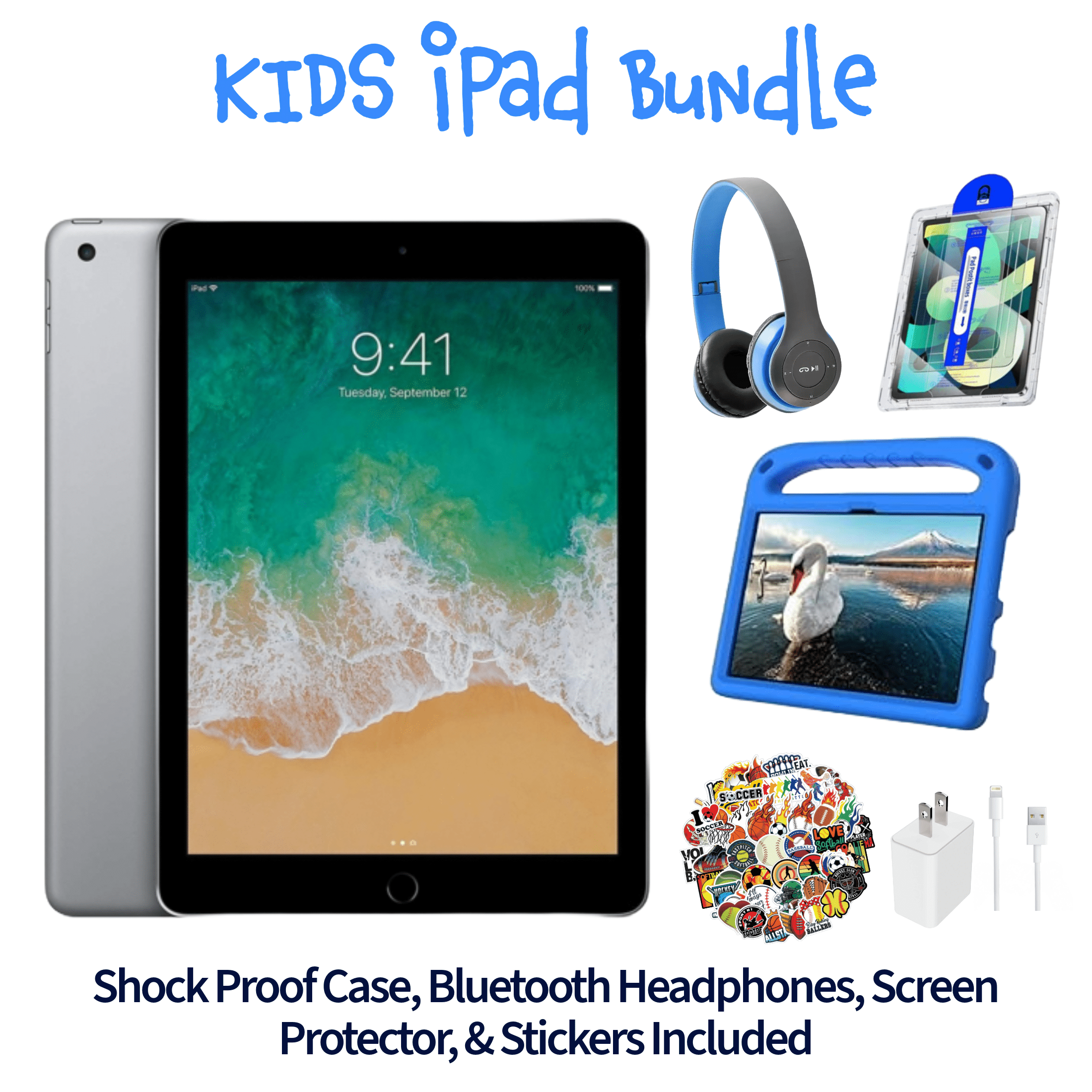 Restored Apple iPad 5 Kid's Bundle - 9.7" 32GB Space Gray (Wi-Fi) - Shock Proof Case, Bluetooth Headphones, Screen Protector, Kid's Stickers, and Charger Included (Refurbished)