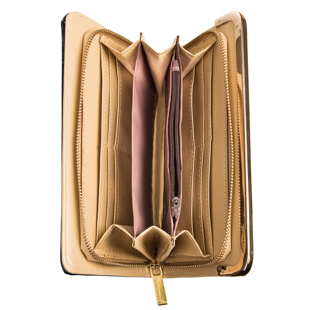 Women's Black Striped Patent Leather Wallet with Card Holder Organizers and Convertible Golden Chain Wristlet