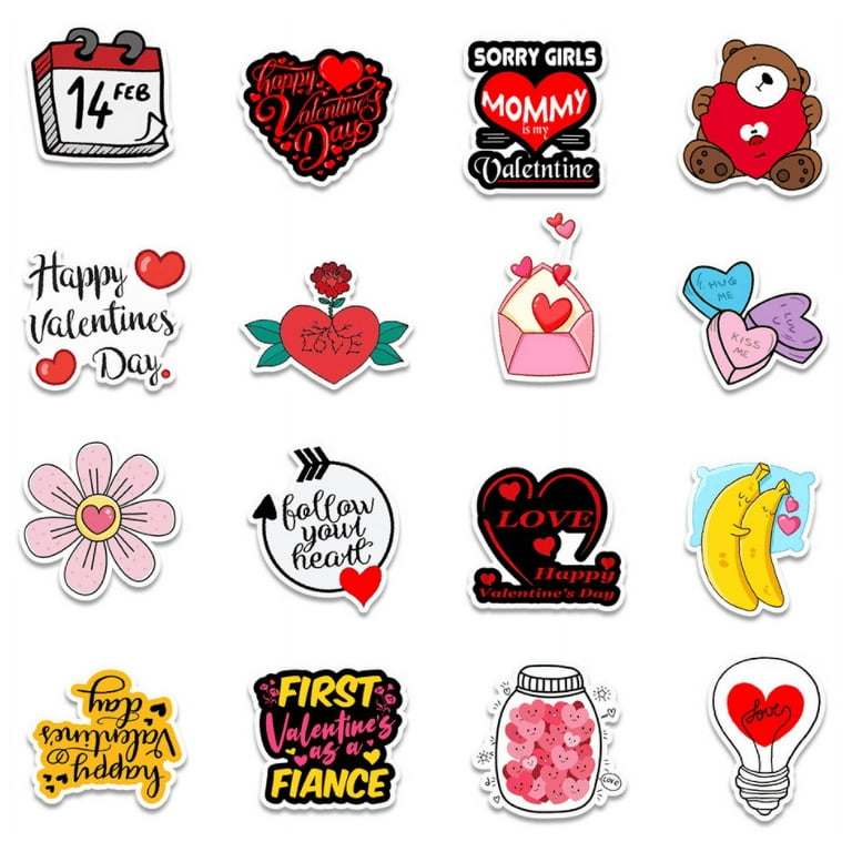 LONGRV 50pcs Valentine Stickers Heart Stickers Vinyl Waterproof