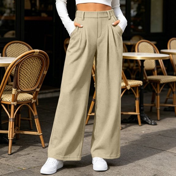 BRELIL Women Plus Size Wide Leg High Waisted Trousers with Pockets Solid Casual Loose Long Pants Streetwear Lounge Palazzo Outfits Fall Winter, Khaki 3XL